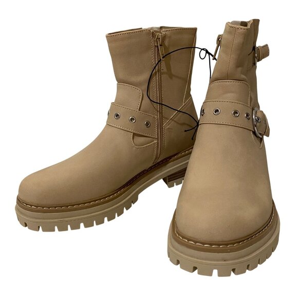 Time and Tru Moto Ankle Boots Womens 6.5 Beige Buckles Grunge Chunky Stompers - Picture 2 of 10